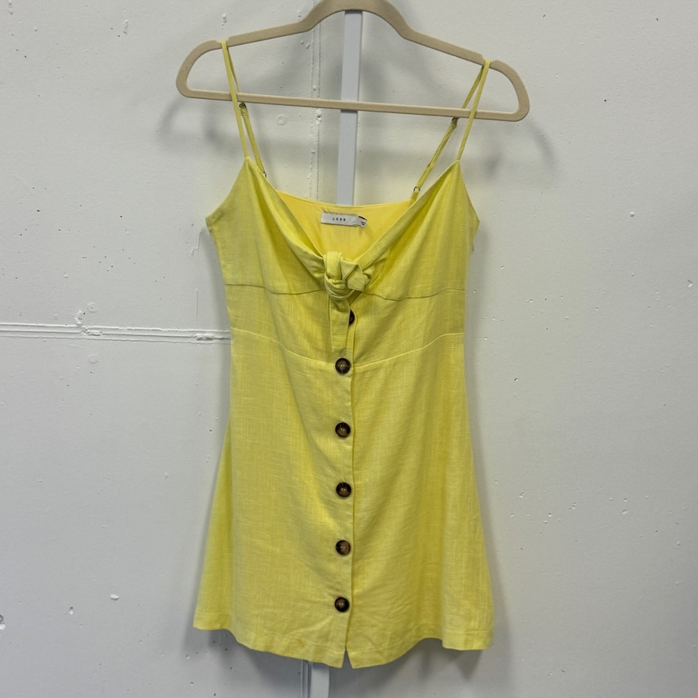 Lush Yellow Linen Blend Tie Front Button Down Mini Dress LD42793-CI Womens Small